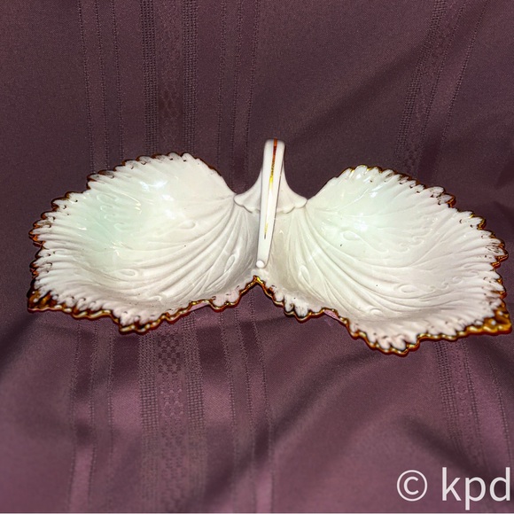 Vintage Lenox Gold Trimmed Double Leaf Handled Porcelain Candy Nut Dish Bowl - Picture 5 of 9